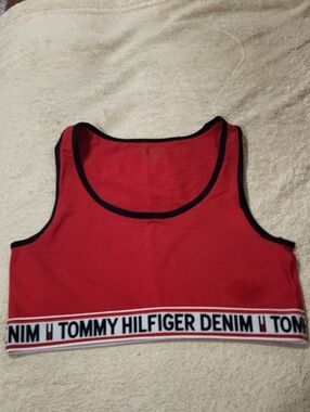 Tommy Hilfiger Denim Red Logo Crop Tank Low Impact Sports Bra Med